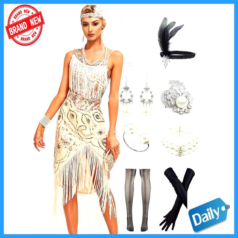Vintage 1920s Beaded Flapper Sling Dress with Complete Accessory Set